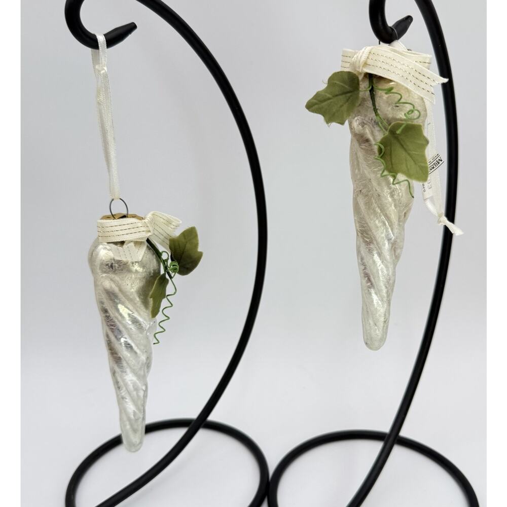 5.5" Icicle Fabric Bow Leaf Blown Glass Christmas Ornament Silvered 1993 EUC‎